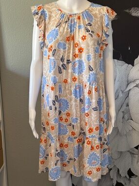 LOFT Floral Blouse in Cream, Light Blue & Orange